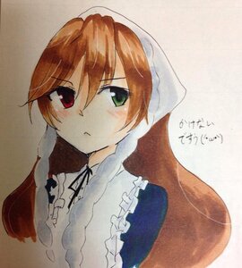 Rating: Safe Score: 0 Tags: 1girl bangs blush braid brown_hair closed_mouth dress frills green_eyes head_scarf heterochromia hood image long_hair looking_at_viewer red_eyes solo suiseiseki traditional_media twin_braids upper_body User: admin