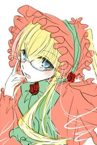 Rating: Safe Score: 0 Tags: 1girl artist_request blonde_hair blue_eyes blush bonnet bowtie dress flower frills glasses hat image long_hair long_sleeves looking_at_viewer lowres red_flower red_rose rose rozen_maiden shinku simple_background solo twintails white_background User: admin