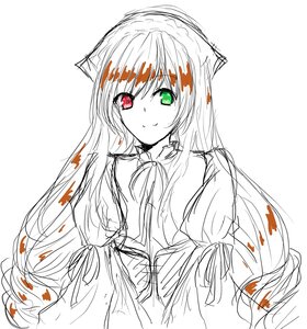 Rating: Safe Score: 0 Tags: 1girl blood green_eyes heterochromia image long_hair long_sleeves looking_at_viewer red_eyes simple_background sketch smile solo spot_color suiseiseki very_long_hair white_background User: admin