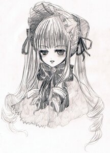 Rating: Safe Score: 0 Tags: 1girl bangs blunt_bangs blush bonnet bow drill_hair frills graphite_(medium) image lace lolita_fashion long_hair looking_at_viewer monochrome shinku sidelocks simple_background solo striped traditional_media upper_body User: admin