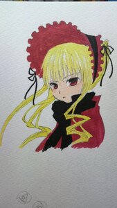 Rating: Safe Score: 0 Tags: 1girl blonde_hair bonnet bow image long_hair long_sleeves looking_at_viewer marker_(medium) red_eyes shinku simple_background solo traditional_media twintails User: admin