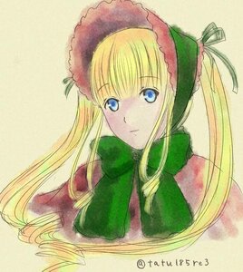 Rating: Safe Score: 0 Tags: 1girl bangs blonde_hair blue_eyes bonnet bow bowtie closed_mouth face green_bow green_neckwear image long_hair looking_at_viewer portrait shinku sidelocks simple_background solo traditional_media User: admin
