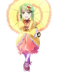 Rating: Safe Score: 0 Tags: 1girl bloomers bow dress drill_hair frills full_body green_eyes green_hair hair_ornament holding holding_umbrella image kanaria long_sleeves open_mouth parasol ribbon short_hair smile solo striped umbrella underwear User: admin