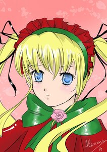 Rating: Safe Score: 0 Tags: 1girl bangs blonde_hair blue_eyes blush bow closed_mouth face flower image long_hair looking_at_viewer pink_background portrait rose shinku sidelocks signature solo twintails User: admin