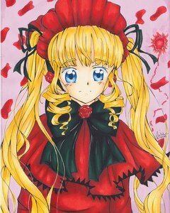 Rating: Safe Score: 0 Tags: 1girl blonde_hair blue_eyes blush bonnet bow capelet dress drill_hair flower image long_hair looking_at_viewer marker_(medium) red_capelet rose shinku signature smile solo traditional_media twin_drills twintails User: admin