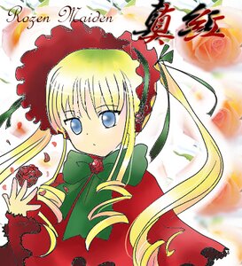 Rating: Safe Score: 0 Tags: 1girl blonde_hair blue_eyes bonnet bow bowtie dress drill_hair flower green_bow green_neckwear hat image long_hair long_sleeves looking_at_viewer rose shinku sidelocks solo twin_drills twintails User: admin