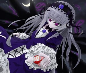 Rating: Safe Score: 0 Tags: 1girl crescent_moon doll_joints dress flower frills hairband image joints lolita_fashion lolita_hairband long_hair moon purple_eyes rose silver_hair solo suigintou wings User: admin
