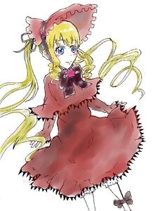 Rating: Safe Score: 0 Tags: 1girl blonde_hair blue_eyes blush bonnet bow bowtie capelet dress drill_hair frills image long_hair long_sleeves pink_bow red_dress shinku simple_background solo standing twintails white_background User: admin