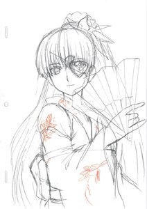 Rating: Safe Score: 0 Tags: 1girl auto_tagged barasuishou hair_ornament image japanese_clothes kimono long_hair looking_at_viewer monochrome ponytail sketch smile solo User: admin