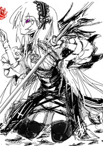 Rating: Safe Score: 0 Tags: 1girl boots dress flower frills greyscale hairband holding holding_sword holding_weapon image lolita_hairband long_hair long_sleeves monochrome rose simple_background sketch solo suigintou sword weapon white_background wings User: admin