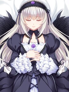 Rating: Safe Score: 0 Tags: 1girl black_dress black_wings closed_eyes commentary_request dakimakura_(medium) dress feathered_wings feathers flower frills gothic_lolita hairband image juliet_sleeves layered_dress lolita_fashion lolita_hairband long_hair long_sleeves lying on_back philomelalilium photoshop_(medium) puffy_sleeves ribbon rose rozen_maiden silver_hair solo suigintou upper_body white_dress wings User: admin