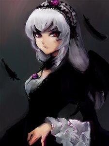 Rating: Safe Score: 0 Tags: 1girl black_wings dress feathers flower hairband image juliet_sleeves lolita_fashion lolita_hairband long_hair long_sleeves looking_at_viewer red_eyes rose silver_hair solo suigintou wings User: admin