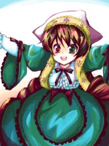 Rating: Safe Score: 0 Tags: 1girl :d brown_hair dress frills green_dress green_eyes hat heterochromia image long_sleeves looking_at_viewer open_mouth red_eyes smile solo suiseiseki User: admin