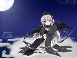 Rating: Safe Score: 0 Tags: 1girl black_wings detached_collar dress feathers flower frills full_moon hairband image long_hair long_sleeves looking_at_viewer moon night red_eyes silver_hair sitting sky solo suigintou wings User: admin