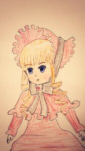 Rating: Safe Score: 0 Tags: 1girl bangs blonde_hair blue_eyes bonnet bow bowtie dress drill_hair image long_sleeves looking_at_viewer red_dress shinku sidelocks simple_background solo traditional_media twin_drills User: admin