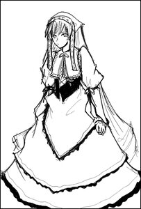 Rating: Safe Score: 0 Tags: 1girl black_border border dress frills greyscale image letterboxed long_hair long_sleeves looking_at_viewer monochrome neck_ribbon pillarboxed ribbon simple_background solo standing suiseiseki very_long_hair User: admin