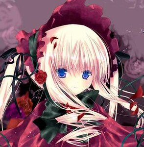 Rating: Safe Score: 0 Tags: 1girl bangs blonde_hair blue_eyes bow dress flower hat image long_hair long_sleeves looking_at_viewer pink_flower red_rose rose shinku solo upper_body User: admin