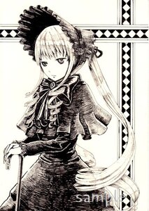 Rating: Safe Score: 0 Tags: 1girl bangs bonnet capelet dress expressionless frills image long_hair long_sleeves looking_at_viewer monochrome shinku solo traditional_media User: admin