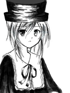 Rating: Safe Score: 0 Tags: 1girl bangs blush closed_mouth eyebrows_visible_through_hair greyscale hat image long_sleeves looking_at_viewer monochrome ribbon short_hair simple_background solo souseiseki striped upper_body white_background User: admin