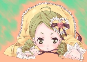 Rating: Safe Score: 0 Tags: 1girl blonde_hair blush bonnet drill_hair frills green_eyes green_hair hat image kanaria long_sleeves looking_at_viewer lying rose solo User: admin