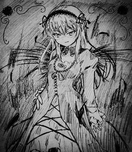 Rating: Safe Score: 0 Tags: 1girl dress frills greyscale hairband image long_hair long_sleeves looking_at_viewer monochrome solo suigintou User: admin