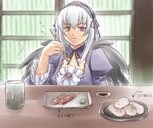 Rating: Safe Score: 0 Tags: 1girl black_wings blush bowl chopsticks cup detached_collar dress feathers flower food frills hairband holding image indoors lolita_hairband long_hair long_sleeves looking_at_viewer pink_eyes plate rice rose silver_hair sitting solo suigintou table upper_body window wings User: admin