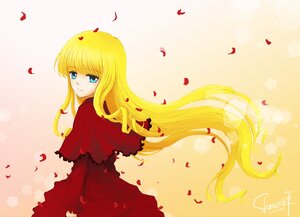 Rating: Safe Score: 0 Tags: 1girl blonde_hair blue_eyes capelet dress image long_hair looking_at_viewer petals red_dress rose_petals shinku solo striped vertical_stripes very_long_hair User: admin
