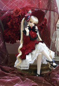 Rating: Safe Score: 0 Tags: 1girl blonde_hair doll dress flower frills lolita_fashion long_hair rain red_dress rose shinku shoes sitting solo twintails umbrella User: admin