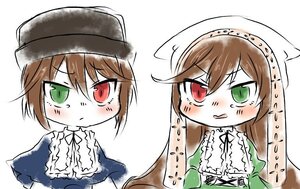 Rating: Safe Score: 0 Tags: blush brown_hair dress frills green_dress green_eyes hat head_scarf heterochromia image long_hair long_sleeves multiple_views pair red_eyes siblings sisters souseiseki suiseiseki top_hat twins white_background User: admin