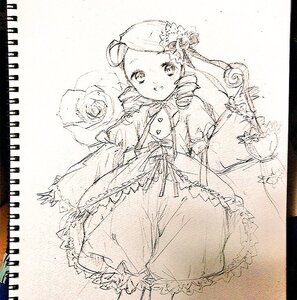 Rating: Safe Score: 0 Tags: 1girl dress drill_hair flower frills hair_ornament image kanaria long_hair long_sleeves looking_at_viewer monochrome ribbon rose solo twin_drills twintails User: admin