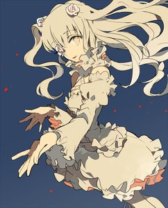 Rating: Safe Score: 0 Tags: 1girl blue_background dress flower frills hair_flower hair_ornament image kirakishou long_hair outstretched_hand petals rose solo User: admin