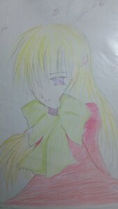 Rating: Safe Score: 0 Tags: 1girl bangs blonde_hair choker closed_mouth dress expressionless image long_hair purple_eyes shinku solo traditional_media upper_body User: admin