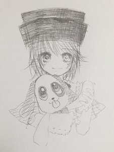 Rating: Safe Score: 0 Tags: 1girl blush eyebrows_visible_through_hair hat holding image long_sleeves looking_at_viewer monochrome short_hair simple_background sketch smile solo souseiseki stuffed_animal traditional_media yumeki_kokoro User: admin