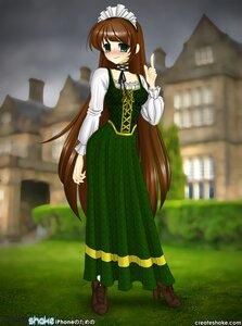 Rating: Safe Score: 0 Tags: 1girl auto_tagged blurry blush boots brown_footwear brown_hair building corset depth_of_field dress full_body green_dress green_eyes image long_hair long_sleeves outdoors solo standing suiseiseki very_long_hair watermark User: admin