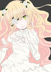 Rating: Safe Score: 0 Tags: 1girl blonde_hair dress flower frills green_eyes hair_flower hair_ornament image kirakishou long_hair rose simple_background smile solo thorns very_long_hair wavy_hair white_flower white_rose User: admin