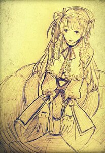 Rating: Safe Score: 0 Tags: 1girl dress frills hair_ribbon image long_hair long_sleeves looking_at_viewer monochrome ribbon sketch solo suiseiseki traditional_media User: admin