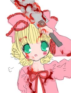 Rating: Safe Score: 0 Tags: 1girl blonde_hair blood blush_stickers bow chibi dress drill_hair green_eyes hina_ichigo hinaichigo image pink_bow simple_background solo User: admin