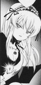 Rating: Safe Score: 0 Tags: 1girl detached_collar dress frills greyscale hairband image long_hair long_sleeves looking_at_viewer monochrome parted_lips ribbon solo suigintou upper_body wings User: admin