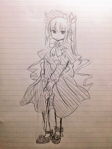 Rating: Safe Score: 0 Tags: 1girl bangs closed_mouth dress eyebrows_visible_through_hair flower full_body hair_ornament image long_hair long_sleeves looking_at_viewer monochrome rose shinku sketch smile solo standing umbrella very_long_hair User: admin