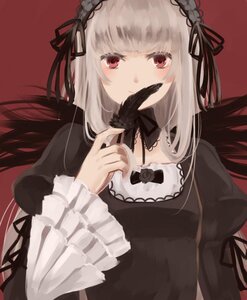 Rating: Safe Score: 0 Tags: 1girl black_dress black_flower black_ribbon covering_mouth detached_collar dress feathers flower gothic_lolita hairband image lolita_fashion lolita_hairband long_hair long_sleeves looking_at_viewer red_background red_eyes ribbon rose silver_hair simple_background solo suigintou upper_body wings User: admin