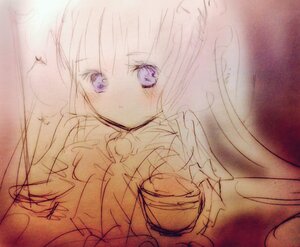 Rating: Safe Score: 0 Tags: 1girl bangs blush eyebrows_visible_through_hair flower hair_between_eyes holding image long_hair looking_at_viewer purple_eyes shinku sketch solo traditional_media User: admin