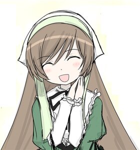 Rating: Safe Score: 0 Tags: 1girl :d ^_^ apron bangs blush brown_hair closed_eyes dress eyebrows_visible_through_hair frills green_dress head_scarf image long_hair long_sleeves open_mouth smile solo suiseiseki upper_body very_long_hair User: admin