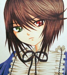 Rating: Safe Score: 0 Tags: 1girl bangs black_neckwear black_ribbon brown_hair closed_mouth frills frown green_eyes image looking_at_viewer neck_ribbon red_eyes ribbon short_hair simple_background solo souseiseki upper_body User: admin