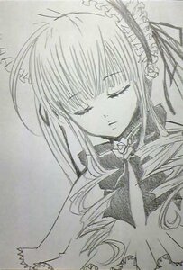 Rating: Safe Score: 0 Tags: 1girl bowtie closed_eyes dress frills image long_hair long_sleeves monochrome photo shinku solo suigintou traditional_media twintails User: admin