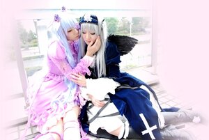 Rating: Safe Score: 0 Tags: 2girls bangs blue_dress blunt_bangs blurry closed_eyes depth_of_field dress frills long_hair long_sleeves multiple_cosplay multiple_girls sitting tagme white_legwear wings User: admin