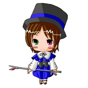 Rating: Safe Score: 0 Tags: 1girl blue_dress blush_stickers brown_hair chibi dress full_body hat heterochromia holding image long_sleeves red_eyes short_hair solo souseiseki standing top_hat weapon white_background User: admin