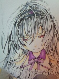 Rating: Safe Score: 0 Tags: 1girl bangs bare_shoulders closed_mouth dress grey_background image long_hair looking_at_viewer neck_ribbon purple_dress purple_neckwear red_eyes ribbon simple_background solo suigintou traditional_media upper_body User: admin