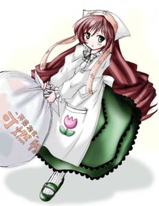 Rating: Safe Score: 0 Tags: 1girl blush brown_hair dress drill_hair frills full_body green_eyes hat heterochromia image long_hair long_sleeves looking_at_viewer solo suiseiseki very_long_hair white_legwear User: admin