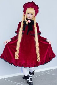 Rating: Safe Score: 0 Tags: 1girl blonde_hair blue_eyes bonnet bow curtsey dress flower frills full_body lolita_fashion long_hair pantyhose red_dress shinku shoes solo standing twintails white_legwear User: admin