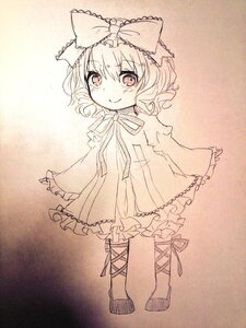 Rating: Safe Score: 0 Tags: 1girl blush bow cross-laced_footwear dress full_body hair_bow hinaichigo image long_sleeves looking_at_viewer monochrome ribbon short_hair smile solo traditional_media User: admin